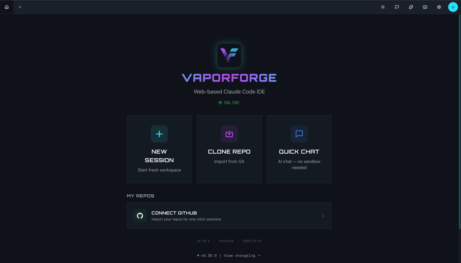 VaporForge home screen showing GitHub connect and quick actions