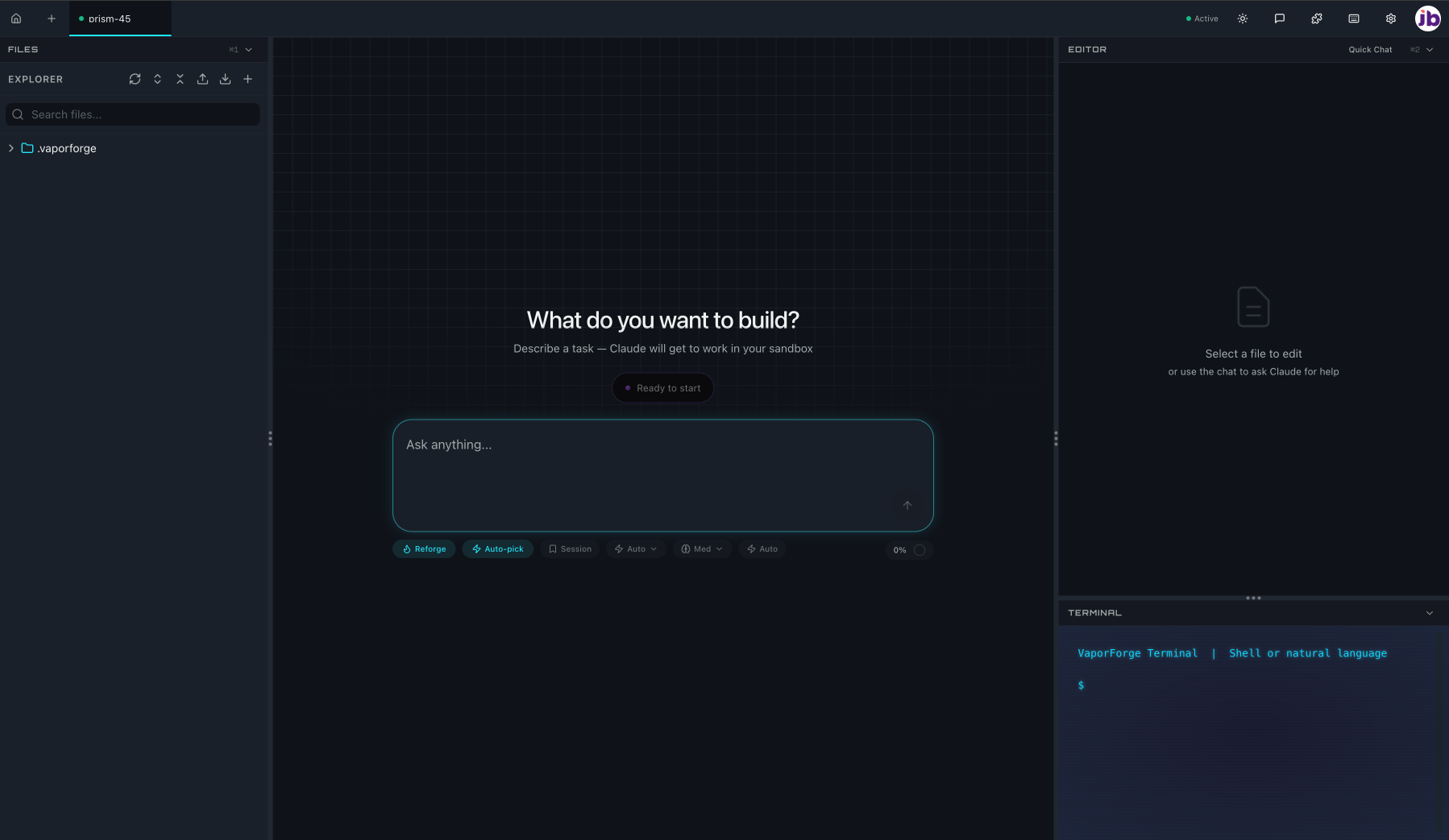VaporForge IDE showing file explorer, chat, code editor, and terminal