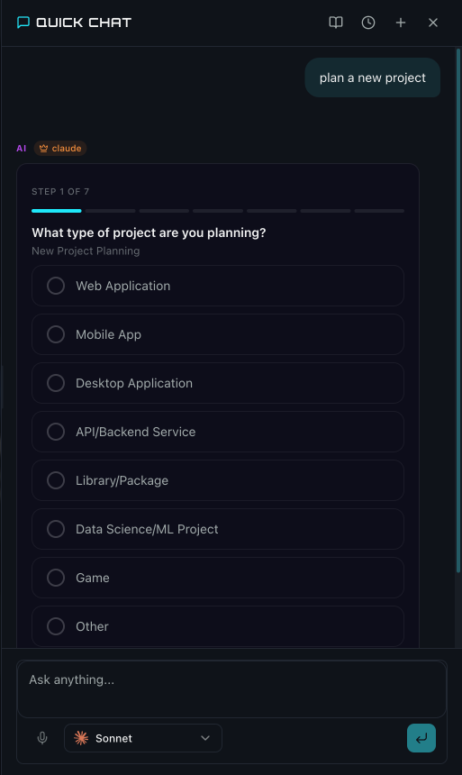 Quick Chat showing Step 1 of 7 project planning wizard